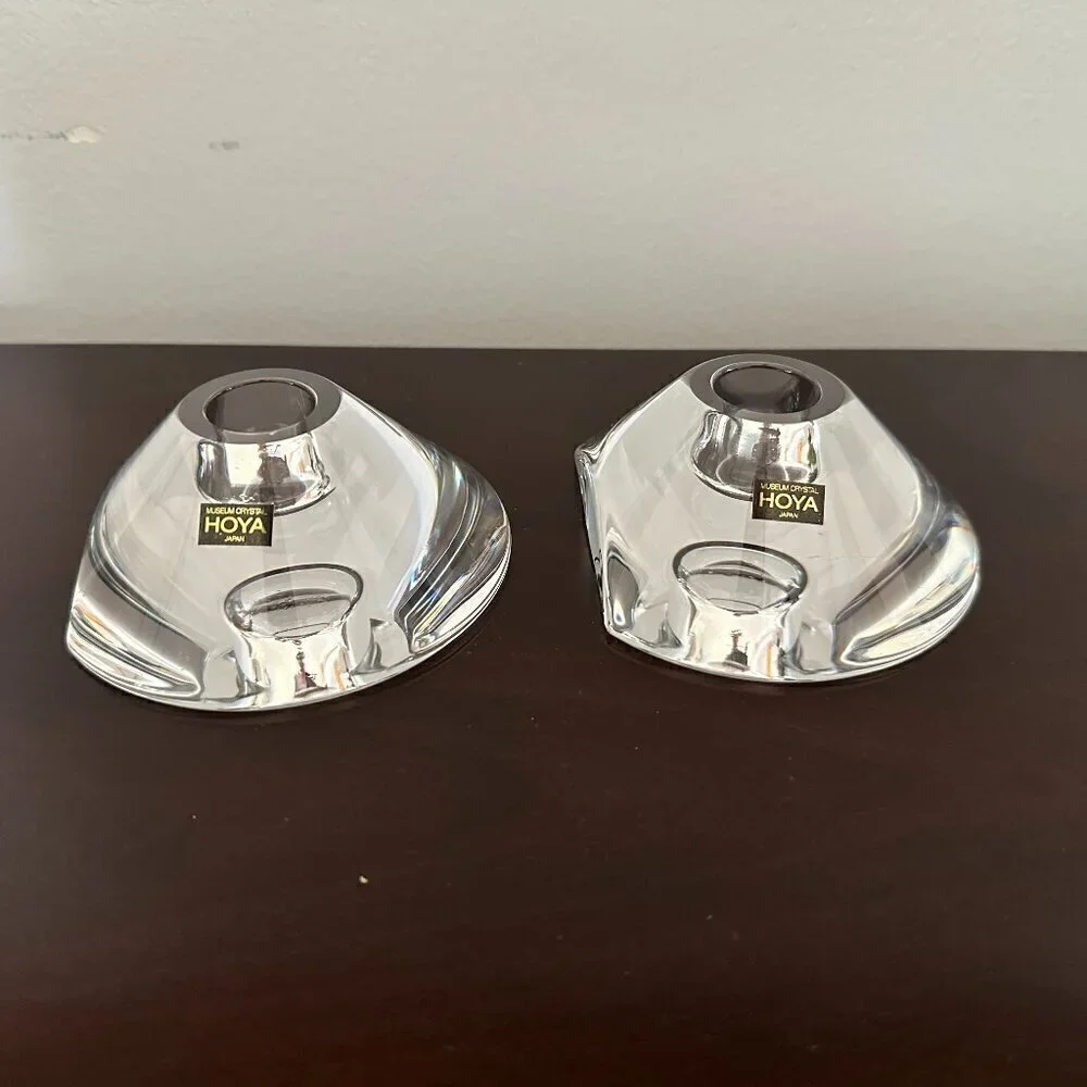 Vintage Hoya Museum Crystal Candlestick Single Candle Holder Japan Set of 2